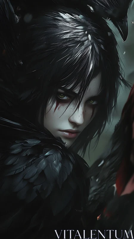 Raven crowned witch with bloodlit gaze in stormed dusk.