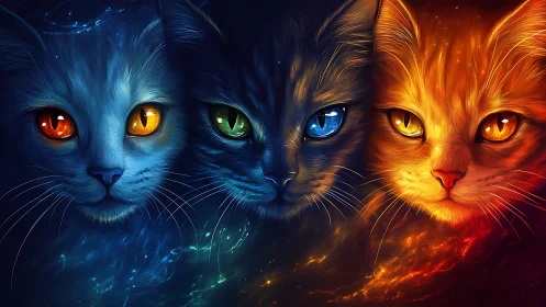 Three Mystical Cats with Glowing Elemental Eyes and Fire-Ice Energy.