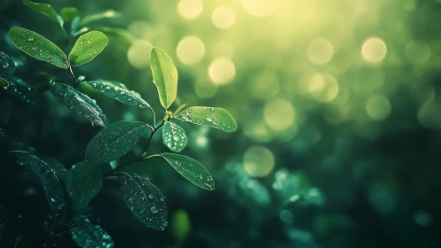 Backlit dew-covered leaves rendered in shallow-focus macro
