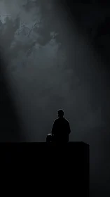 Silhouetted figure seated on elevated edge in dim light.