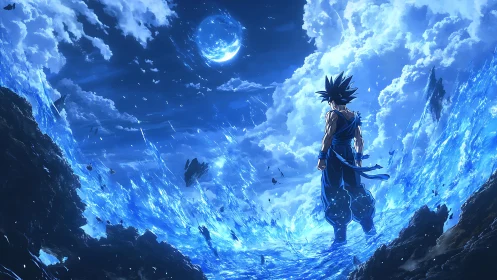 Solitary anime figure on luminous blue energy seascape.