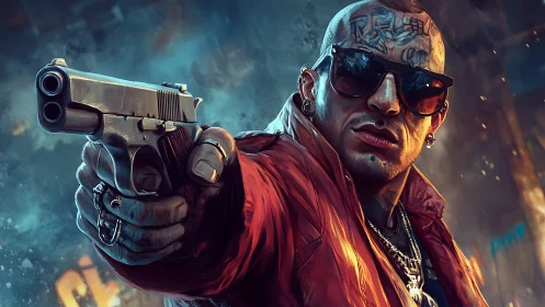 Tattooed gunman in urban alley aiming handgun directly.