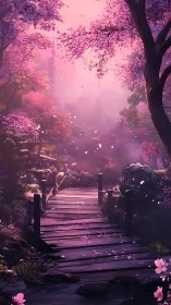 Timber footbridge in violet sakura forest with drifting petals