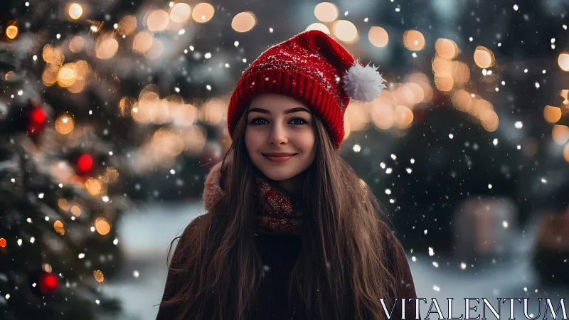 Cozy winter smile beneath twinkling holiday lights at dusk.