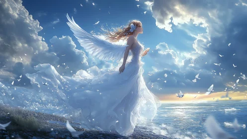 Aerodynamic seraphic figure in luminous coastal atmosphere.