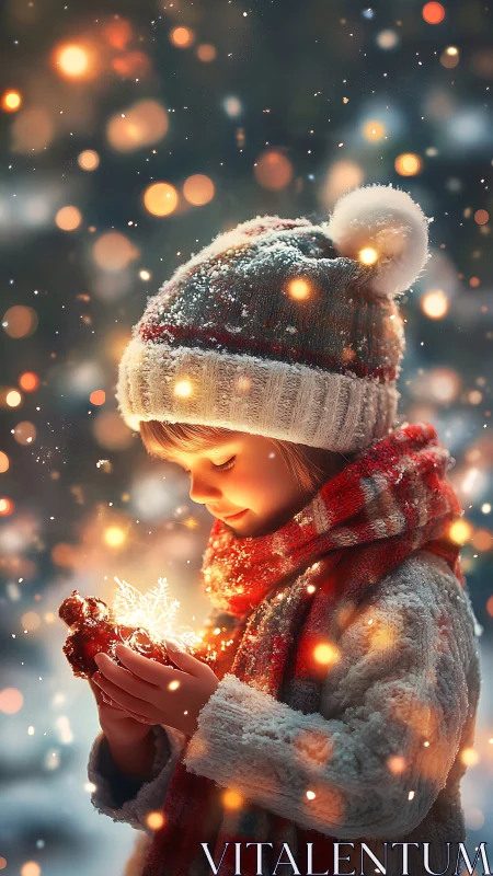 Child cradles glowing winter light in softly falling snow.
