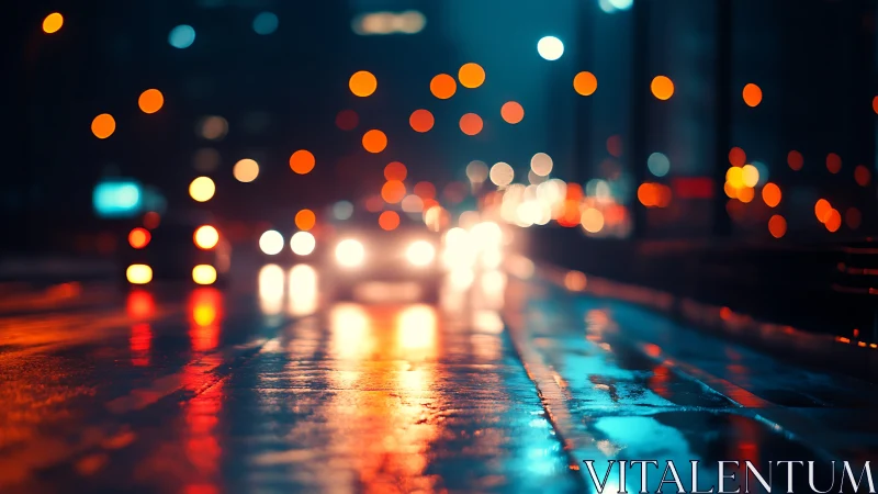 Night traffic bokeh on wet urban roadway with vivid reflections.