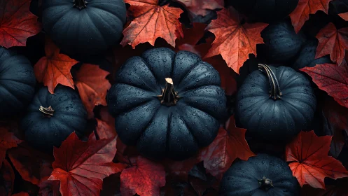 Midnight pumpkins rest softly among glowing red leaves