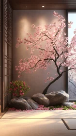 Zen courtyard of blossoming cherry light and quiet stone.