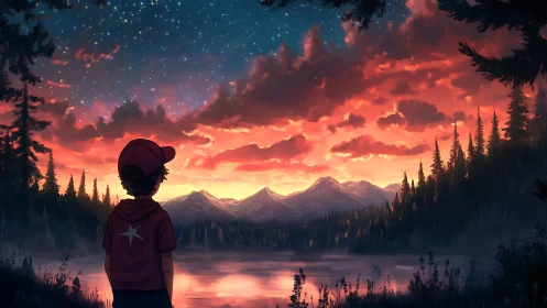 Backlit child observing stratified dusk sky over alpine lake.