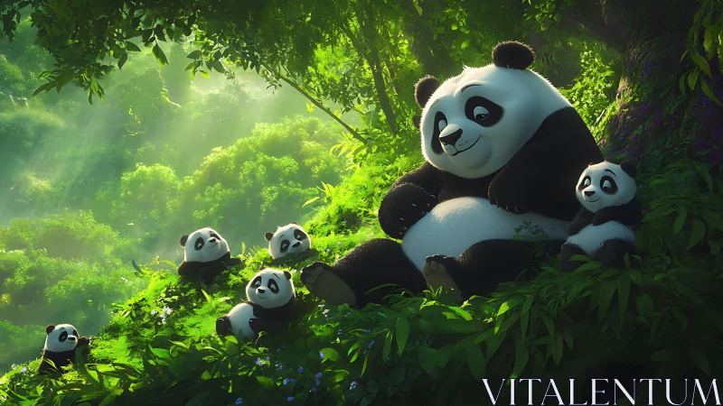 Panda family resting together in lush green forest clearing.