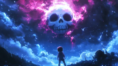 Child confronts cosmic skull nebula in luminous night sky