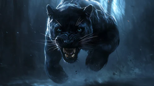Digitally rendered black panther bearing fangs with luminous cyan eye highlights