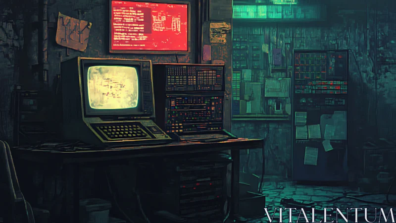 Retro command center glows inside a moody cyberpunk hideout