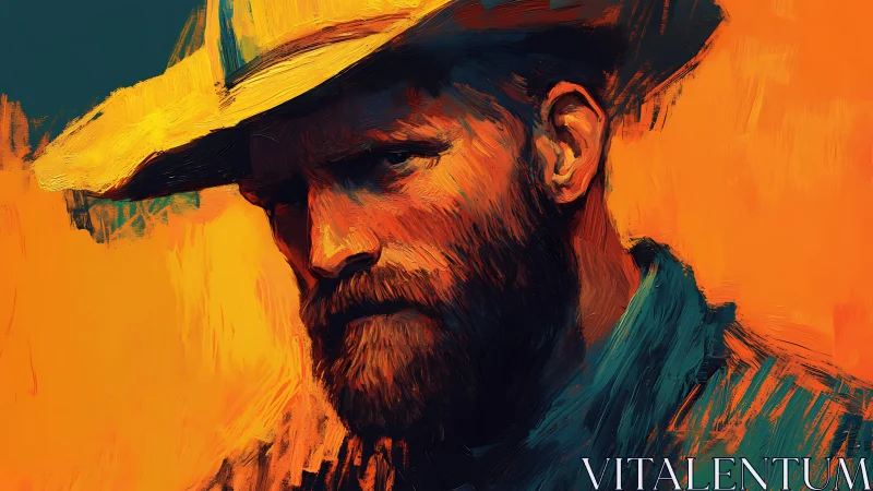 Grizzled cowboy in molten sunset brushstrokes of fire.