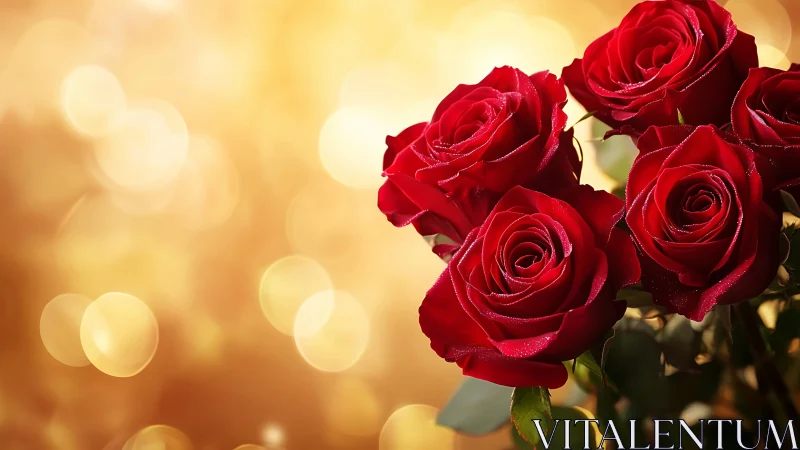 Red roses with bokeh background and warm golden light.