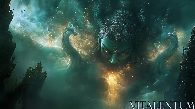 Colossal deity head over stormy sky and ruined towers.