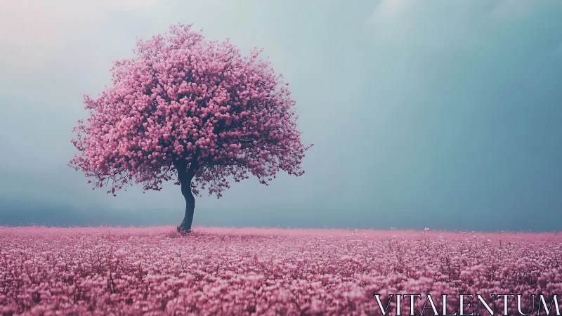 Pink blossom tree standing alone in wide flower field.