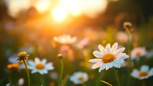 Daisies Bathed in Golden Sunset Light. Depth Blur Study.
