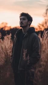 Man stands in golden field at dusk, lost in quiet thought