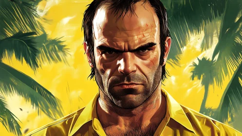 Digital painting portrait with tropical high-contrast backdrop.