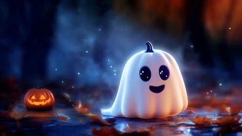 Luminous chibi ghost pumpkin with jack-o-lantern companion.