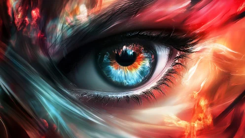 Vibrant cosmic eye glowing with swirling fiery color and light.