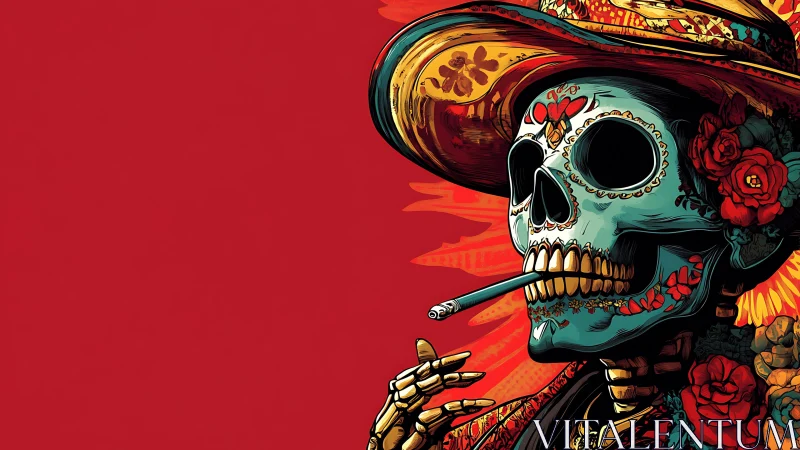 Skeleton in floral sombrero smokes calmly on red backdrop