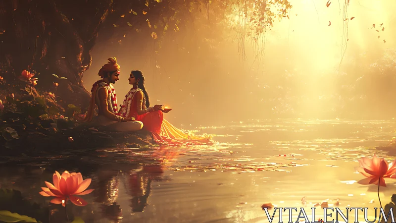 Sunlit river tryst with floral garlands and lotus whispers.