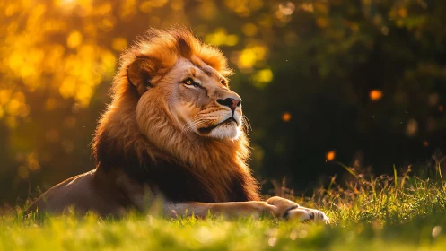 Male lion lying in grass under warm backlit sunset light.