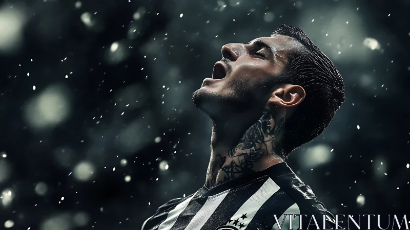 Floodlit roar of a striped football dreamer in snowfall.