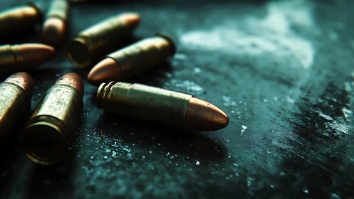 Scattered brass bullets rest on worn metallic blue surface