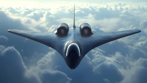 Sleek futuristic jet glides calmly above a soft cloud sea