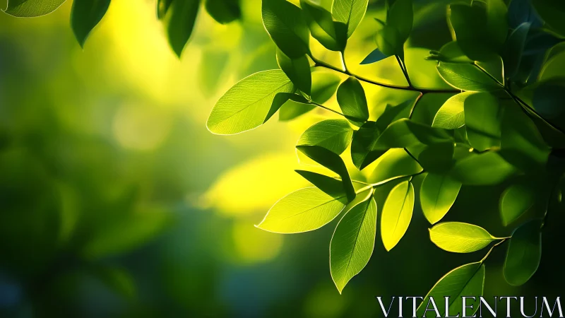 Sunlit Green Leaves Close-Up in Soft Natural Light Photography.