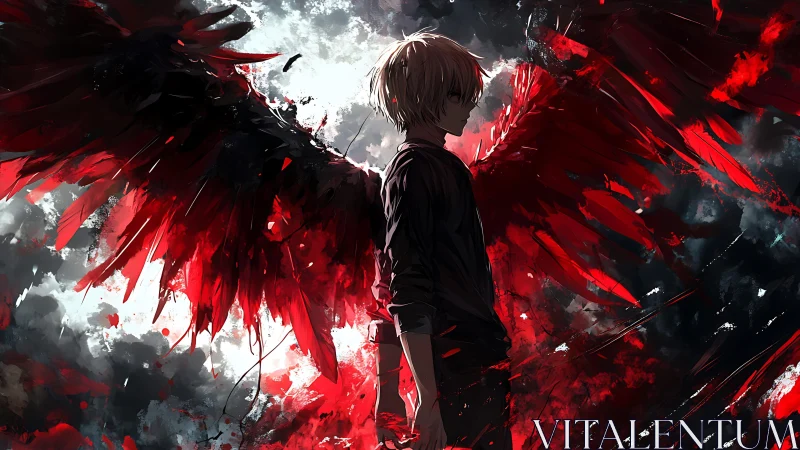 Crimson-winged anime figure amid turbulent stormfield backdrop.