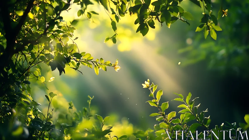 Sunlight streaming through lush green forest foliage, nature scene.