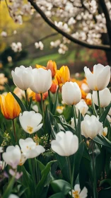 White and Orange Tulips in Spring Garden