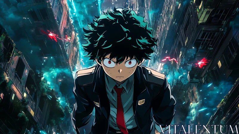 Dynamic anime hero in tilted neon alley with volumetric lighting