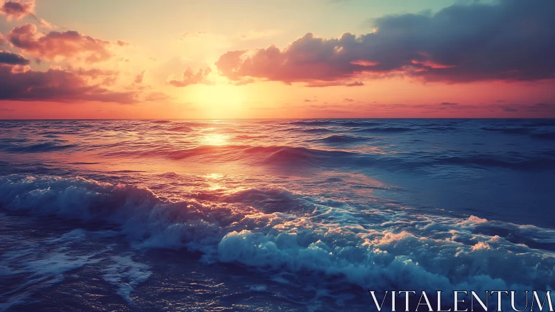 Sunlit waves roll gently beneath a glowing pastel sunset