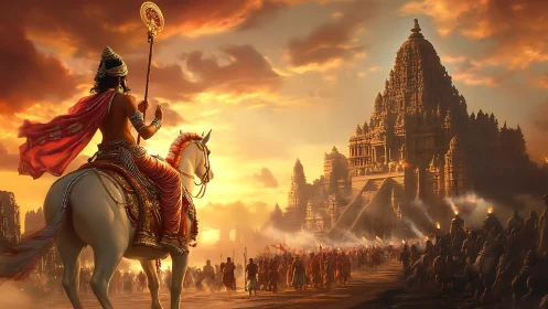 Digital painting of royal procession before sunlit temple complex.
