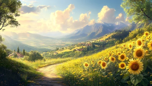 Sunlit sunflower valley unfolds toward distant alpine range