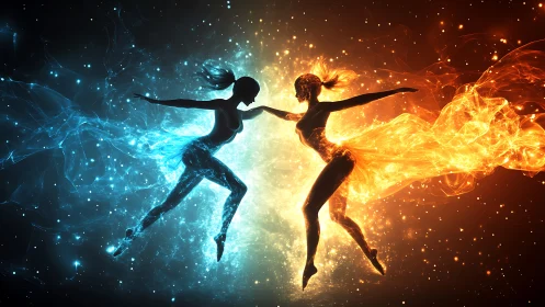 Silhouetted energy figures collide in balanced fire and ice