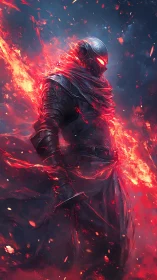 Armored ember wraith emerging through volcanic flame.