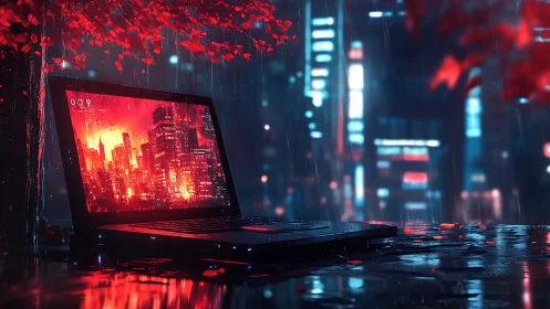 Laptop on wet urban surface with neon city display at night.