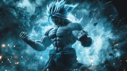 Mythic energy warrior in teal aura with dynamic lighting.