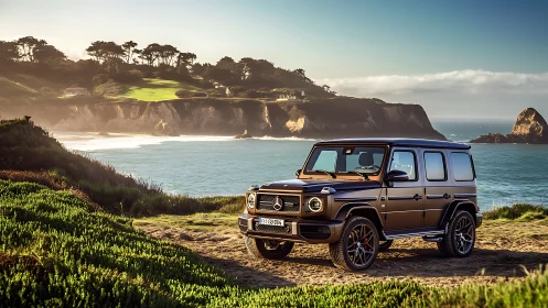 Mercedes G-Class SUV on coastal cliffside at golden hour