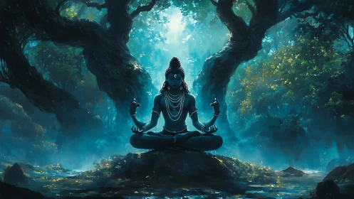 Mystic forest deity in luminous blue meditative stillness.