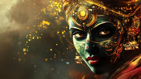 Ornate masked goddess portrait with luminous gold particle bokeh