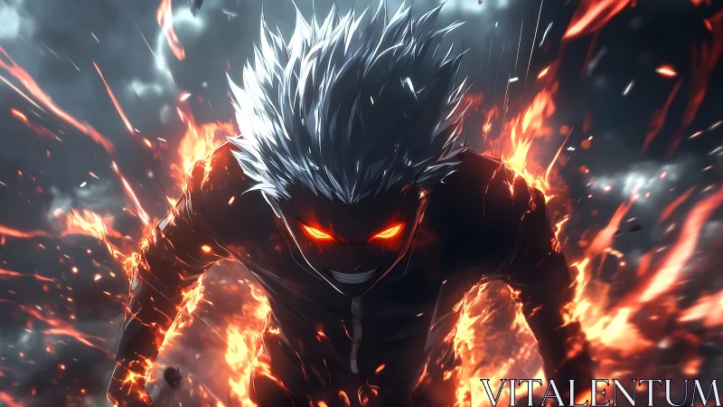 Fiery white haired warrior charging through burning storm.