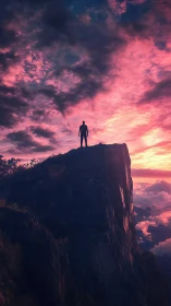 Silhouetted figure surveys mountain cliff under vivid sunset sky